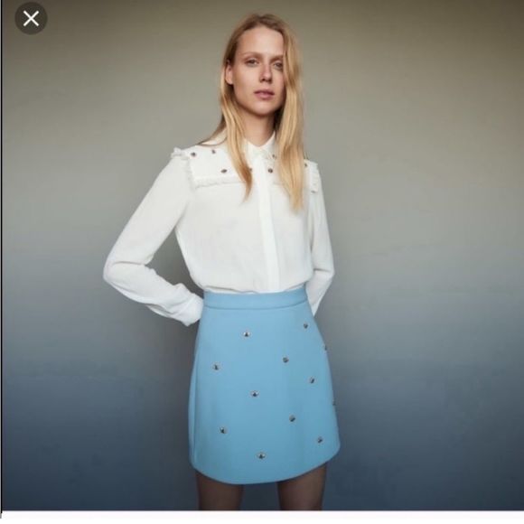 Maje “Jizie” Sky blue bee Embellished crepe mini skirt 1/US S - Picture 2 of 7